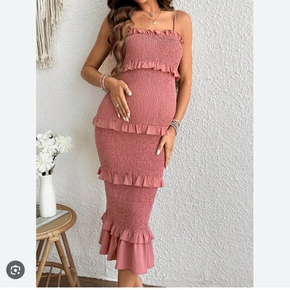 Mable Satin Smocked Fitted Ruffled Midi Dress Mauve Size Small - Picture 6 of 13